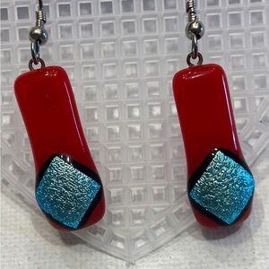 Red and Blue Fused Glass Geometric Earrings